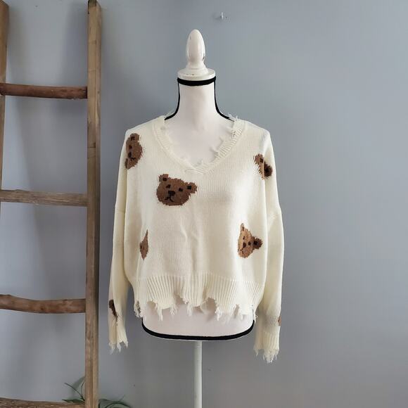 No Comment Frayed Teddy Bear Lightweight Sweater Size L - Picture 1 of 8